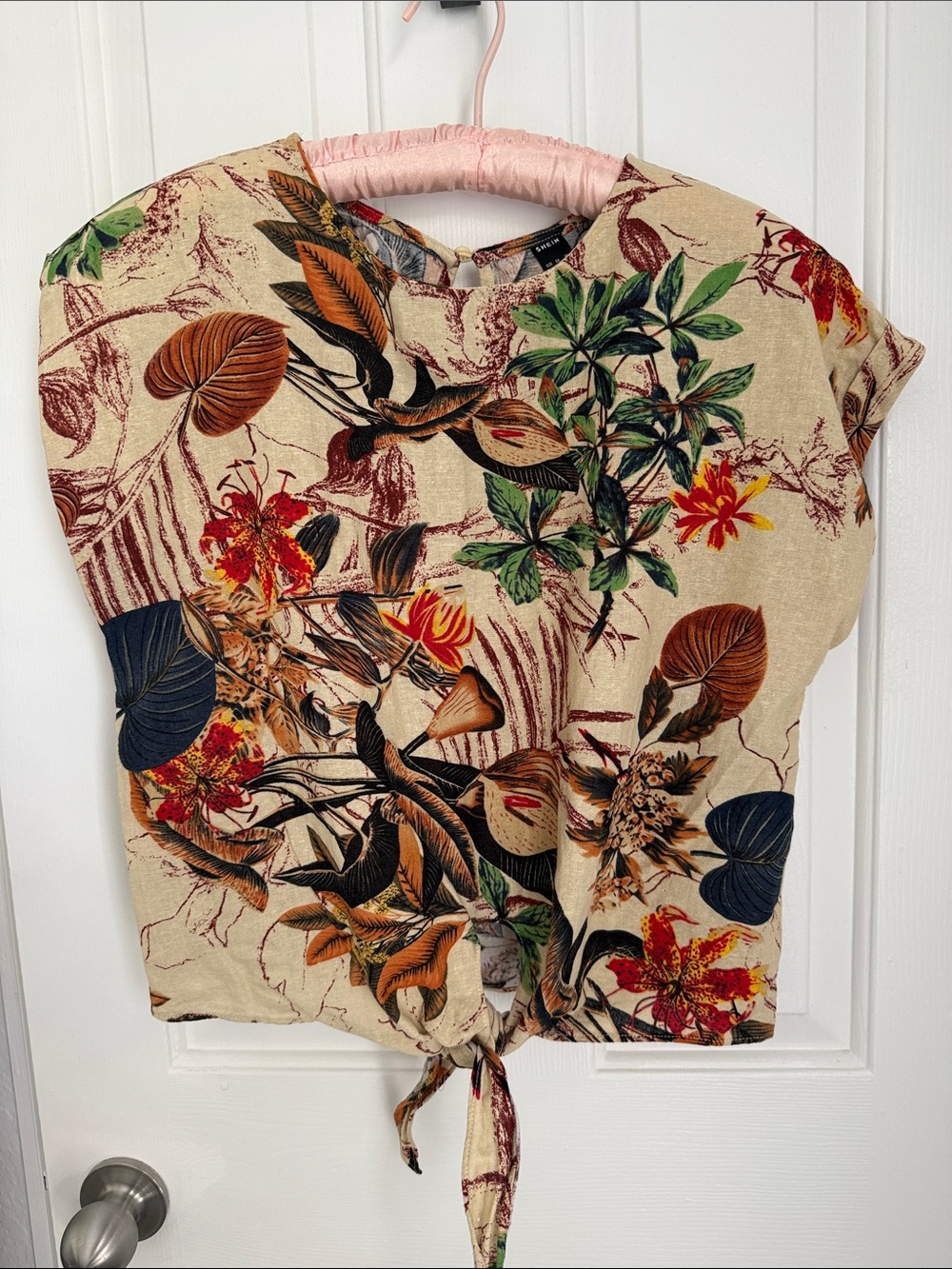 SHEIN Beige Floral Tie-Front Crop Top with Green & Navy Accents